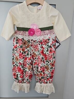 Floral Lace-Accent Baby One-Piece Bodysuit - Cream & Pink